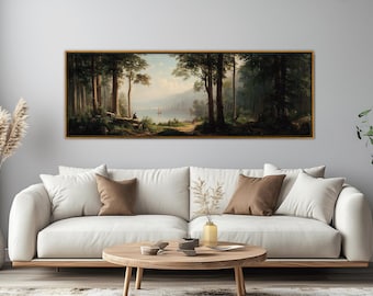 Impresión en lienzo con escena de lago y bosque sereno, arte de pared natural, listo para colgar