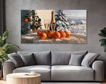 Champagne Orange Canvas Print, Winter Still Life Wall Art, Cozy Kitchen Decor, Holiday Gift