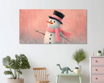 Cheerful Snowman Canvas Print with Pink Scarf and Black Hat, Ready to Hang