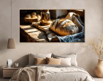 Fresh Bread on Wooden Table Canvas Print Rustic Kitchen Wall Art, Ready to Hang