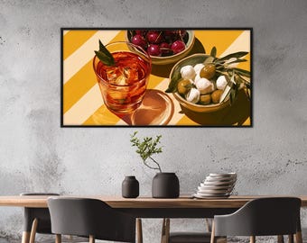 Amber Drink Canvas Print, Olive Cherry Still Life Wall Art, Kitchen Decor, Food Lover Gift