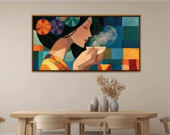Woman Drinking Tea Canvas Print, Colorful Portrait Wall Art, Tea Room Decor, Tea Lover Gift