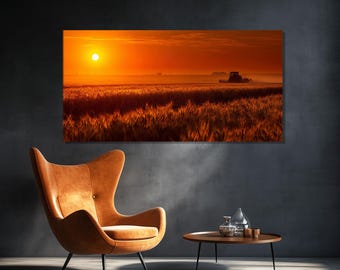 Golden Wheat Fields Sunrise Tractor Canvas Print, Rustic Farm Wall Art, Ready to Hang