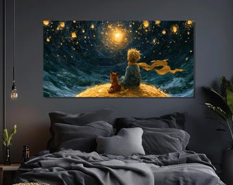 Boy and Dog Canvas Print, Starry Night Art, Whimsical Wall Decor, Family Gift