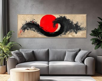 Abstract Japanese Wave Canvas Print with Red Sun Wall Art, Ready to Hang