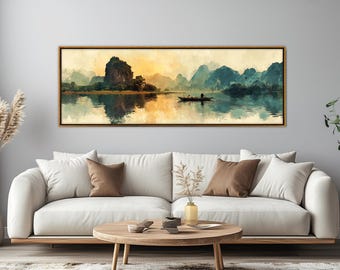 Vietnam Watercolor Canvas Print Featuring Scenic Fishing Boat in a River and Mountains, Ready to Hang
