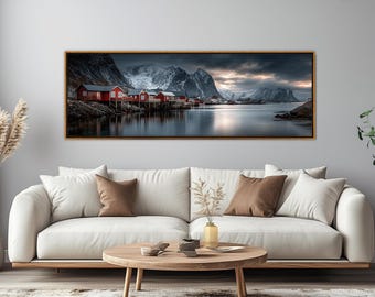 Lofoten Fishing Village Canvas Print with Red Cabins and Snowy Mountains, Ready to Hang