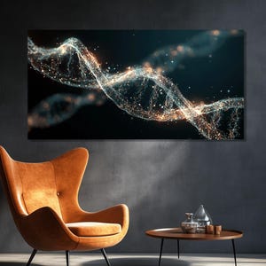 May include: A large rectangular canvas print depicting a glowing, abstract DNA double helix against a dark background. The artwork features a blend of blue, white, and gold tones, creating a sense of depth and scientific intrigue. The print is displayed above a modern, orange leather armchair.