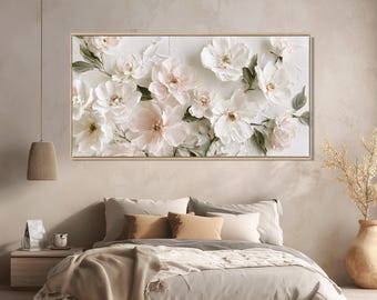 Pink White Flower Canvas Print, Soft Floral Wall Art, Elegant Bedroom Decor, Florist Gift
