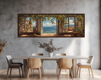 Mediterranean Window View Canvas Print with Lemons and Sea Landscape, Ready to Hang
