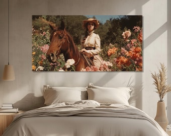 Vintage Woman on Horse Canvas Print with Floral Background, Ready to Hang