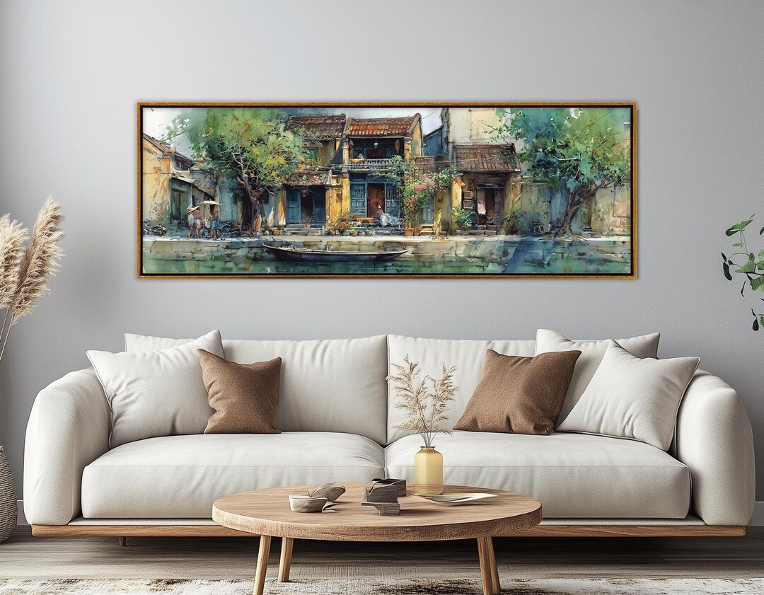 Vietnam Village Watercolor Canvas Print of Riverside Village With Rich ...