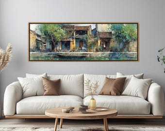 Impresión en lienzo de acuarela de un pueblo vietnamita junto al río con colores vibrantes, listo para colgar