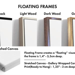 May include: Image showcasing four floating frame options: black, light wood, dark wood, and gold. The text highlights the frame's depth at 1.4" - 3.5" and the stretched canvas print at 1.25" - 3" deep. The frames create a floating visual effect.