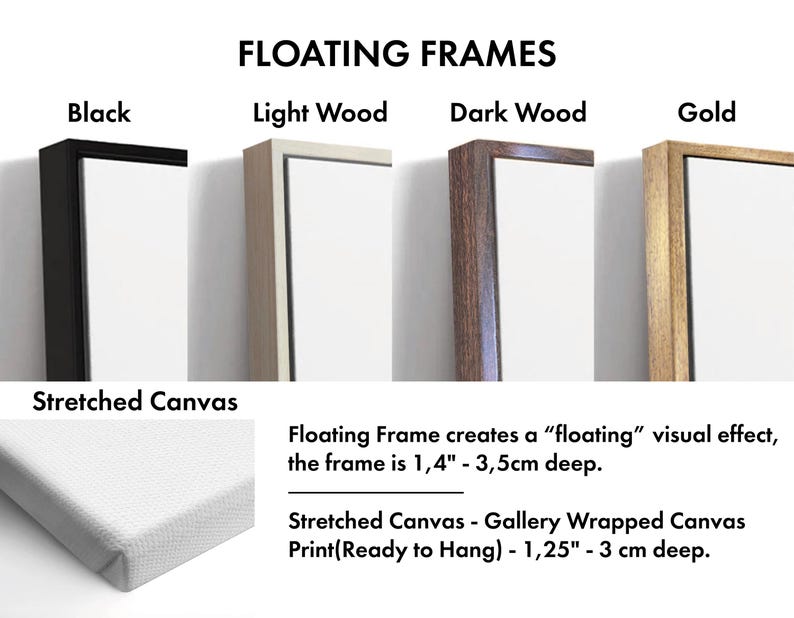 May include: Image showcasing four floating frame options: black, light wood, dark wood, and gold. The text highlights the frame's depth at 1.4" - 3.5" and the stretched canvas print at 1.25" - 3" deep. The frames create a floating visual effect.
