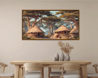 African Traditional Village with Wooden Huts Canvas Print, African Wall Art, Ready to Hang