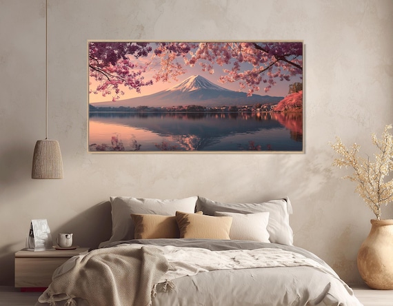 Mount Fuji Canvas Print with Cherry Blossom Wall Art , Ready to Hang