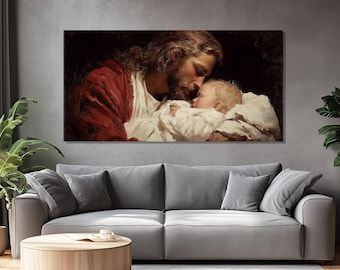 Jesus Holding Baby Religious Canvas Print Tender Moment Wall Art, Ready to Hang
