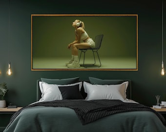 Blonde Woman in White Outfit Listening to Music Canvas Print, Ready to Hang