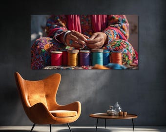 Colorful Embroiderer Woman Canvas Print with Threads Wall Art, Ready to Hang
