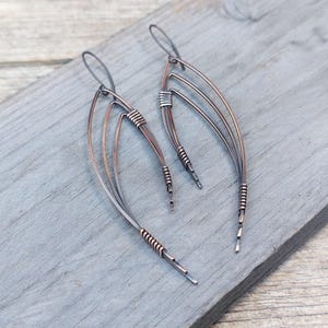 Long Elegant Copper Earrings / 7th Anniversary Gift / Hypoallergenic Ear Wires / Abstract Art Jewelry