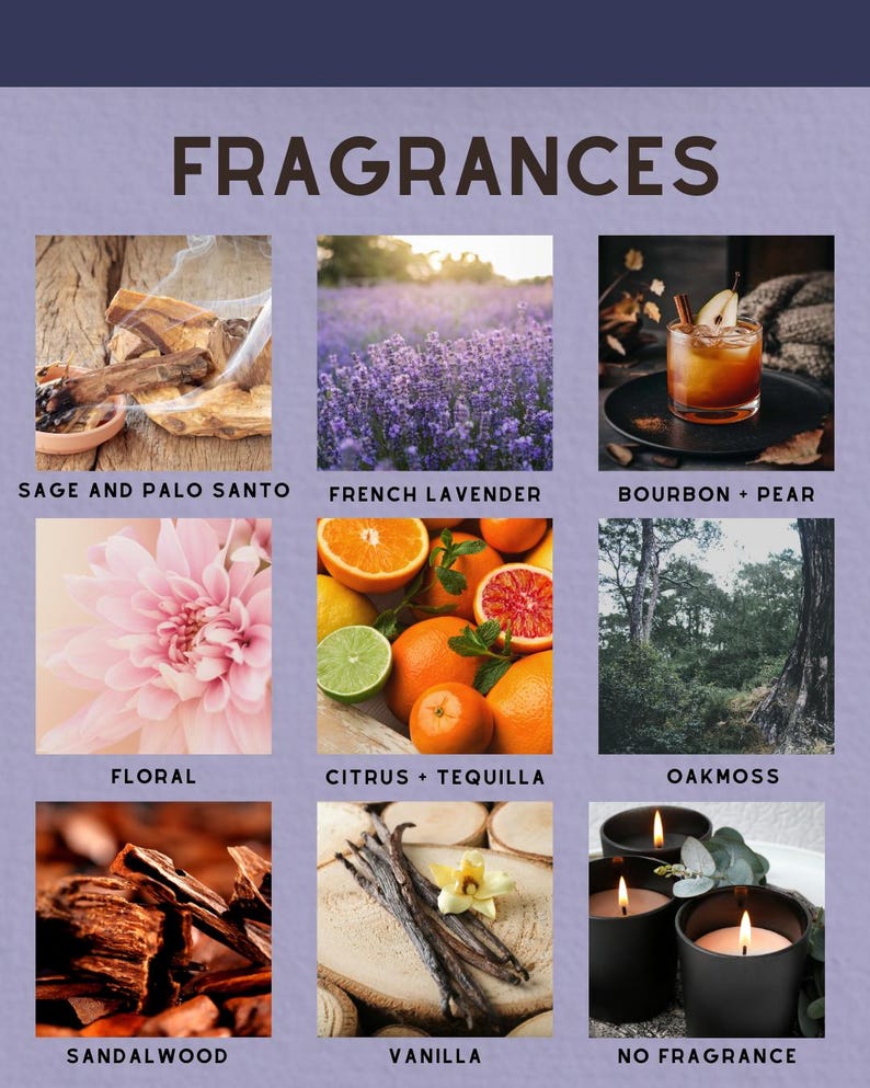 a collage of nine different scents, including floral, citrus, tequila, oak moss, sandalwood, vanilla, and no fragrance.