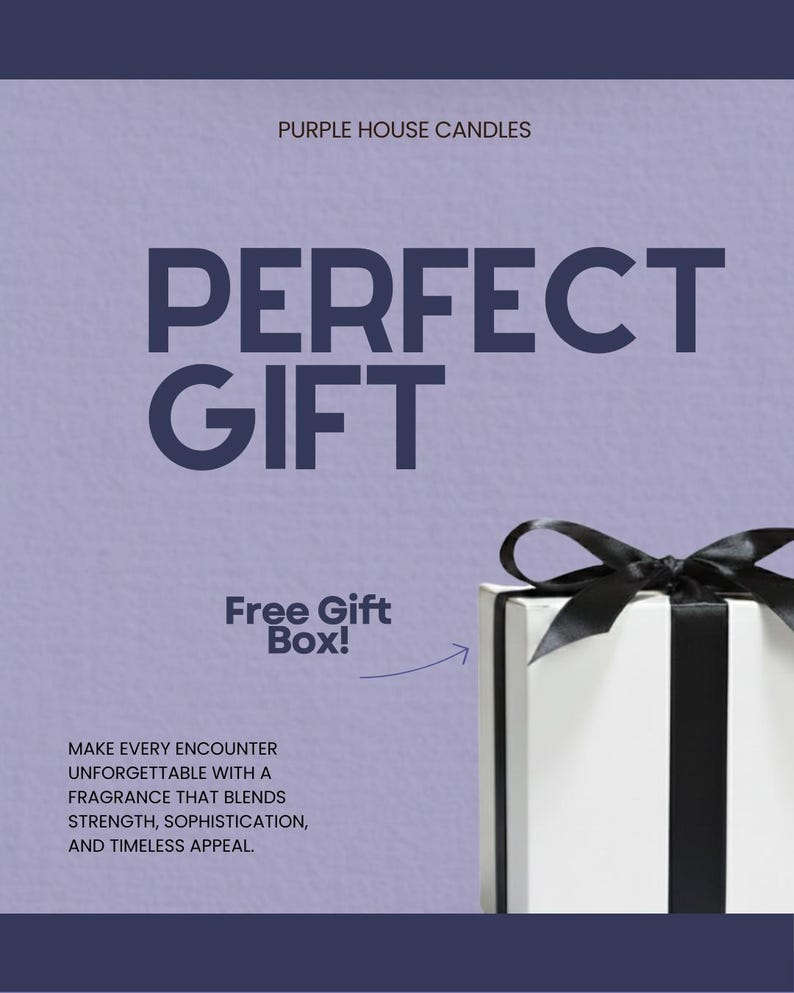 The image is an advertisement for Purple House Candles, featuring a large text box with the words "PERFECT GIFT" and a black ribbon bow. The text box also includes a free gift box offer, and the advertisement emphasizes the fragrance of the candles and their ability to create a luxurious and sophisticated atmosphere.
