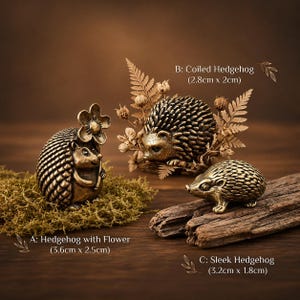 Peut inclure: Trois figurines de hérisson en bronze. A: Hérisson avec fleur (3,6cm x 2,5cm). B: Hérisson enroulé (2,8cm x 2cm). C: Hérisson lisse (3,2cm x 1,8cm). Chaque figurine présente des piquants détaillés et une finition métallique.
