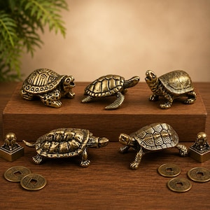 Könnte beinhalten: Fünf bronzefarbene Schildkrötenfiguren mit detaillierten Schalenmustern sind auf einer Holzoberfläche angeordnet. Zwei kleine quadratische Stempel und mehrere runde Münzen mit quadratischen Löchern sind ebenfalls vorhanden.