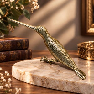 May include: A gold-toned metal bird figurine with a long, pointed beak and detailed textured feathers. The bird is depicted in a standing position with visible claws, showcasing a metallic finish and intricate engraved patterns across its body.