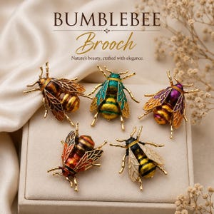 May include: Five bee-shaped brooches with gold-tone metal frames and colorful enamel detailing. The text BUMBLEBEE Brooch Nature's beauty, crafted with elegance. is visible. The insects feature wings with intricate patterns and striped bodies in shades of brown, green, purple, orange, and black.