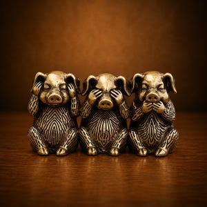 May include: Three brass-colored pig figurines arranged in a row. The first pig covers its ears, the second pig covers its eyes, and the third pig covers its mouth. Each pig features detailed etched textures on its body and a metallic finish.