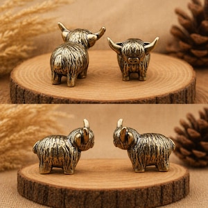 May include: Two small brass-colored figurines shaped like Highland cattle. One figurine is viewed from the back, showing its textured coat and tail, while the other is viewed from the front, displaying its horns, shaggy hair, and facial features.