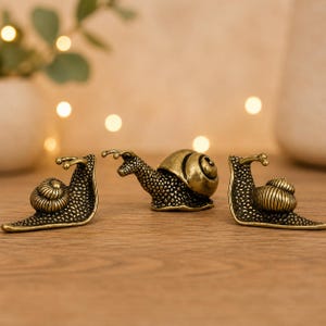 Könnte beinhalten: Drei bronzefarbene Schneckenfiguren sind auf einer Holzoberfläche angeordnet. Die Schnecken haben detaillierte Schalen- und Körperstrukturen. Der Hintergrund weist eine weiche Beleuchtung und einen verschwommenen Hintergrund auf, der den dekorativen Charakter der Schneckenskulpturen hervorhebt.