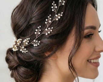 Vigne de cheveux or argent avec branches de perles – Accessoire de mariée flexible pour mariage
