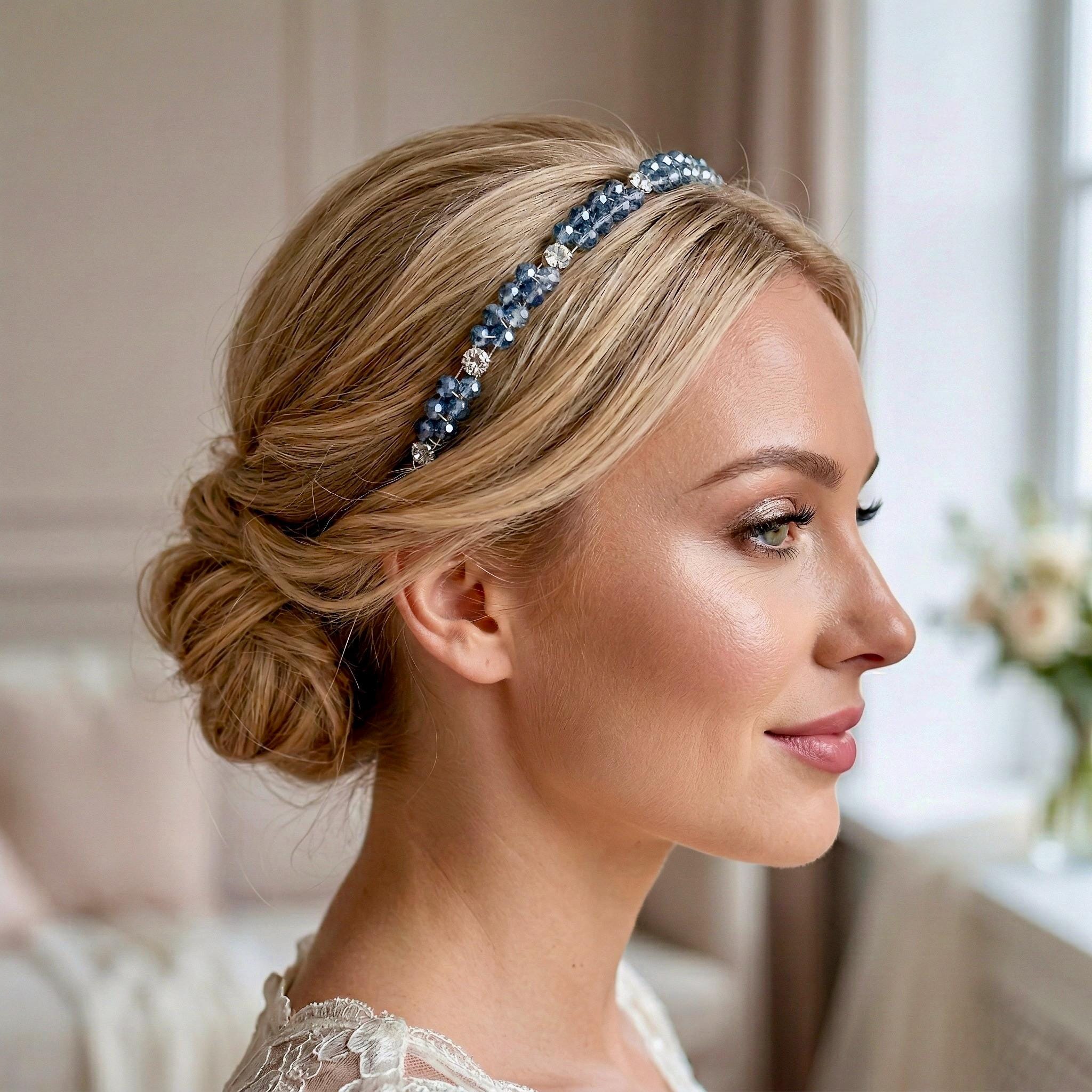 New Designer Inspired Handmade Light Blue Beaded and Pearl Embellished Headband Blue Beaded Headband - Etsy UK main image 2