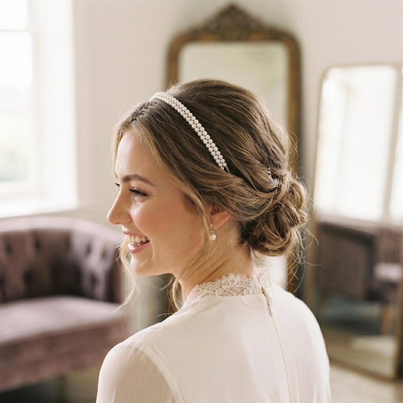 May include: A double-strand pearl headband worn by a person with light brown hair styled in an updo. The person is wearing a white dress with a lace collar and pearl earrings. The background includes a mirror and a purple velvet chair.