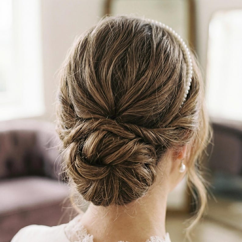 May include: A woman's brown hair styled in an updo, viewed from the back. A pearl headband and earring are visible. The hairstyle is intricate and elegant, suitable for a wedding or formal event. The hair is styled in a bun.
