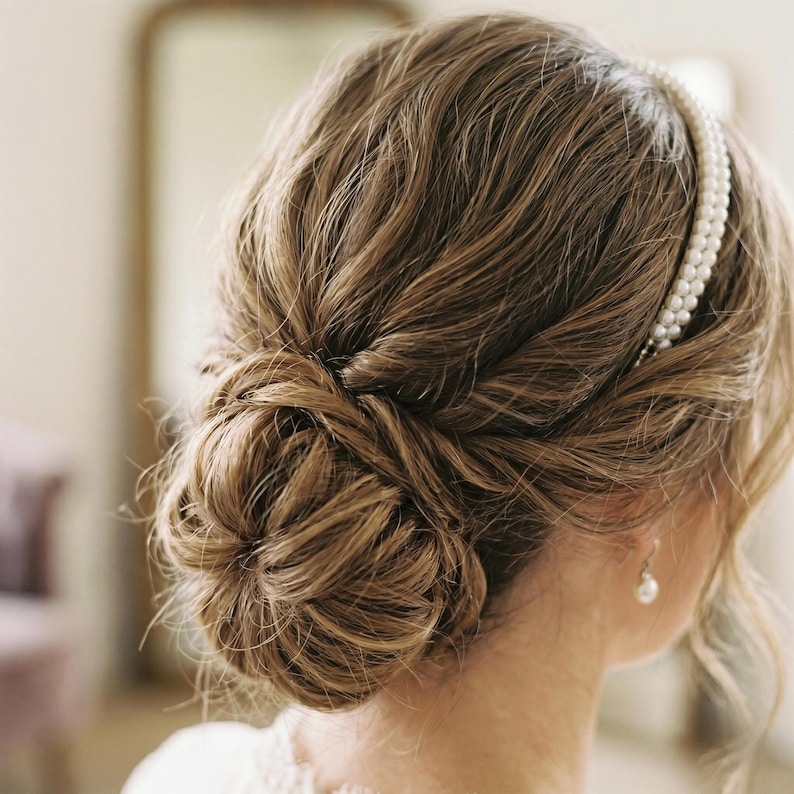 May include: A woman's hairstyle with a low bun, incorporating twisted and braided elements. A pearl headband and a pearl earring are present. The hair is light brown, suggesting an elegant style, possibly for a wedding or formal event.