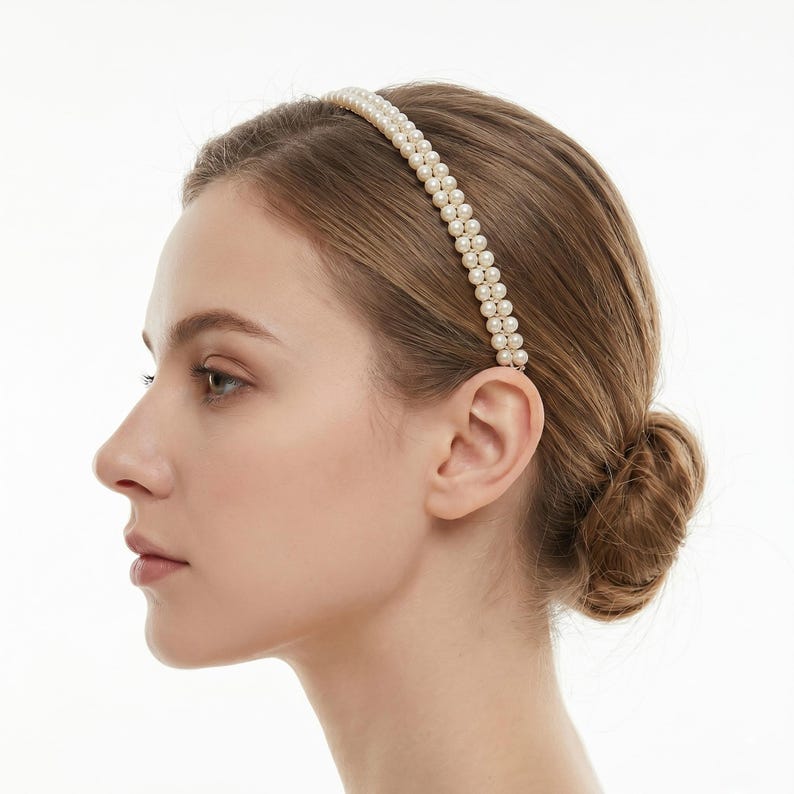 May include: A double-strand pearl headband. The hair accessory is made of small, round, off-white pearls. The headband is worn on the head. The hair is pulled back in a bun against a light background.