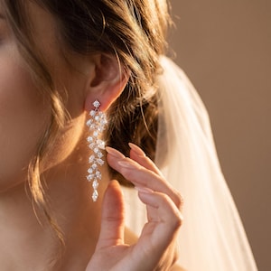 Long Bridal Chandelier Earrings with Leaf Cascades | Clear Silver-Tone Stones