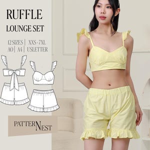 May include: A yellow ruffle lounge set, including a crop top and shorts, is displayed. The top has ruffle straps and the shorts have a ruffle hem. The image also shows a pattern with the text "RUFFLE LOUNGE SET" and "PDF SEWING PATTERN".