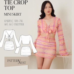 May include: A PDF sewing pattern for a tie crop top and mini skirt. The design features a V-neck tie top with long sleeves and a matching mini skirt. The pattern includes 12 sizes, from XXS to 7XL, and is available in AO, A4, and US Letter formats.