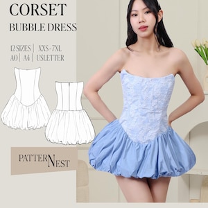 May include: A light blue corset bubble dress with a strapless design and a voluminous skirt. The bodice features a textured, light blue fabric, and the skirt is a smooth, lighter blue. The image also includes a PDF sewing pattern graphic.