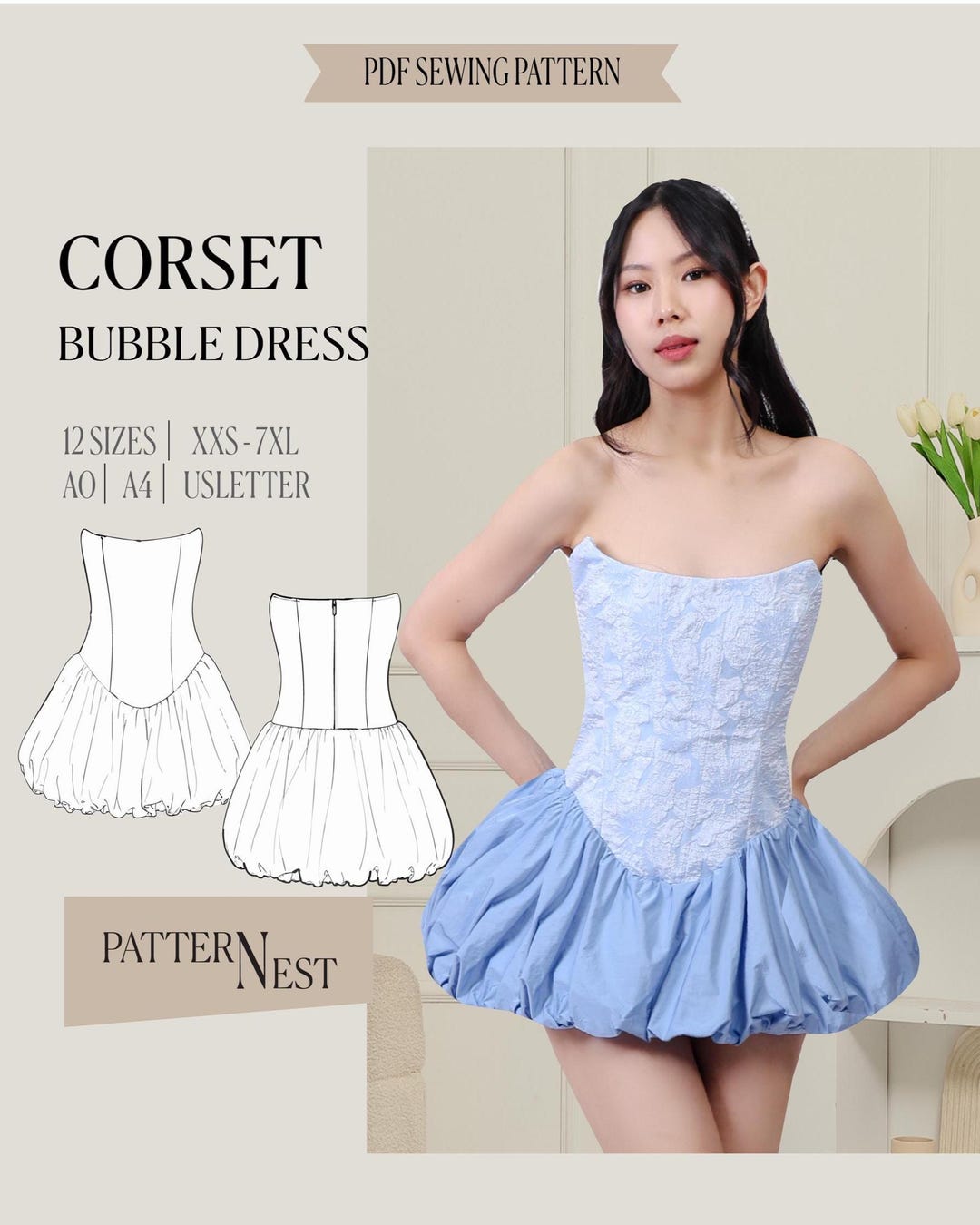 Corset Bubble Dress Sewing Pattern | Corset Mini Dress Instant Download ...