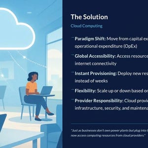 K&ouml;nnte beinhalten: Illustration zum Thema Cloud Computing. Ein gro&szlig;es Wolkensymbol ist mit Personen verbunden, die Laptops benutzen. Der Text rechts beschreibt Vorteile des Cloud Computing, wie globale Zug&auml;nglichkeit und sofortige Bereitstellung.