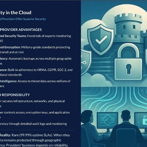 K&ouml;nnte beinhalten: Infografik zur Cloud-Sicherheit mit einer Festung, einem Vorh&auml;ngeschloss und Schilden. Der Text hebt die Vorteile von Cloud-Anbietern und die gemeinsame Verantwortung hervor. Zwei Personen arbeiten an Computern.