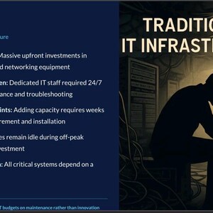 K&ouml;nnte beinhalten: Ein Bild mit dem Text "TRADITIONAL IT INFRASTRUCTURE" und einer Silhouette einer Person, die mit dem Kopf in der Hand sitzt. Die linke Seite des Bildes listet Probleme mit der traditionellen IT-Infrastruktur auf.