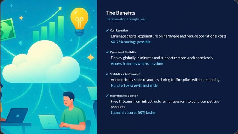K&ouml;nnte beinhalten: Illustration mit dem Text "The Benefits" und "Transformation Through Cloud". Das Bild enth&auml;lt eine Wolke, eine Gl&uuml;hbirne und ein Balkendiagramm. Der Text hebt Kostenreduzierung, betriebliche Flexibilit&auml;t, Skalierbarkeit und Innovationsbeschleunigung hervor.