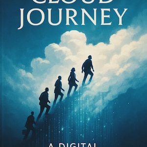 May include: Book cover featuring the title "THE CLOUD JOURNEY" in white, set against a blue sky with clouds. Silhouetted figures climb a cloud-filled path, with the text "A DIGITAL TRANSFORMATION STORY" beneath.